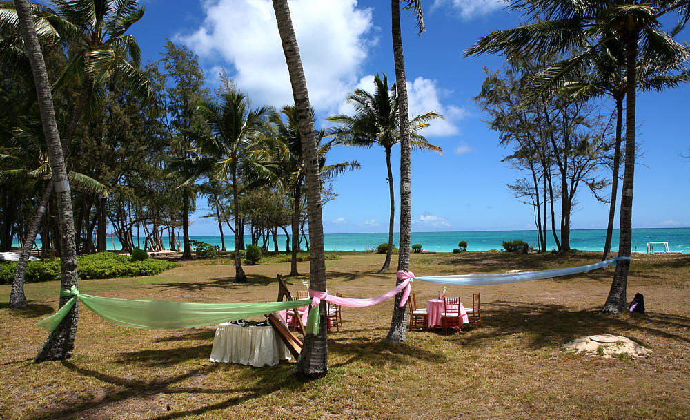harp and chairs set out on the Hawaii beach estate with the ocean in the background